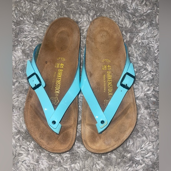 Birkenstock Adria Women’s Sz 10 Tiffany Blue Patent Leather FlipFlop Slide Thong - Picture 1 of 7